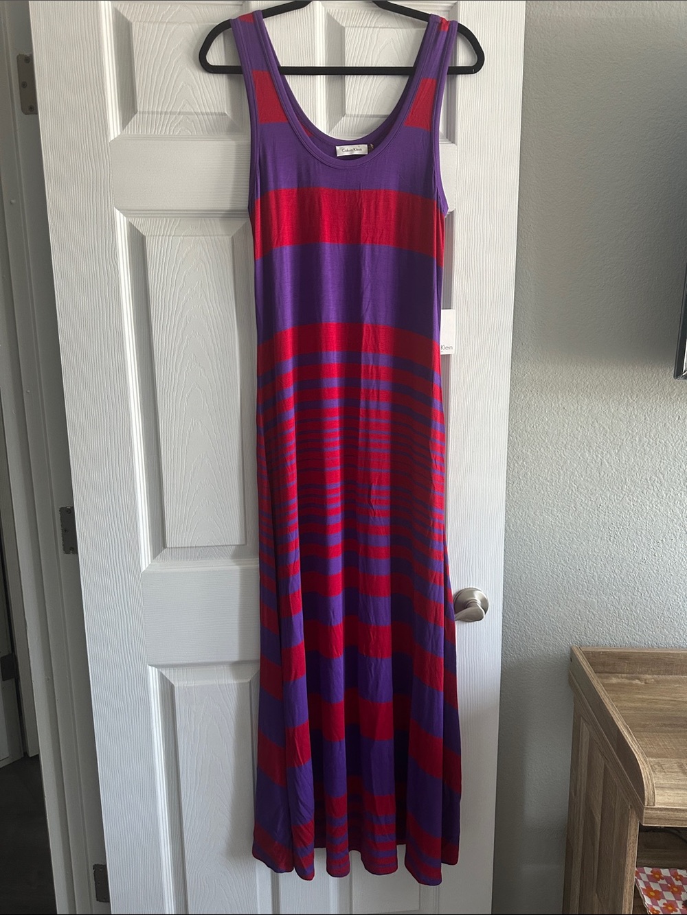 Calvin Klein Purple & Red Striped Scoop Neck Maxi Dress